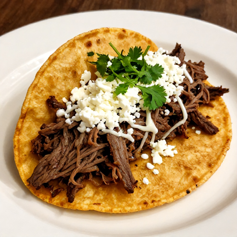 Close-up of a Pot Birria Taco with crispy tortilla and melted cheese