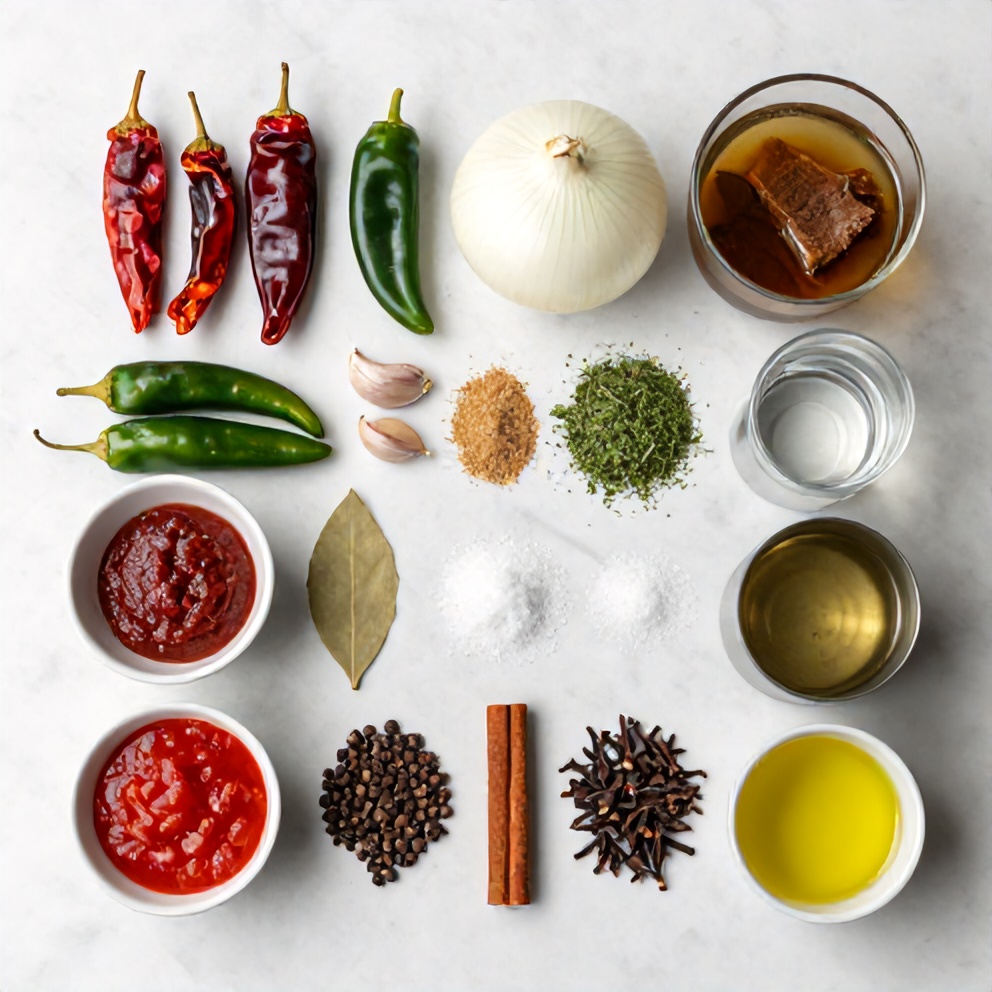 Raw ingredients for Pot Birria Tacos laid out on a white marble surface