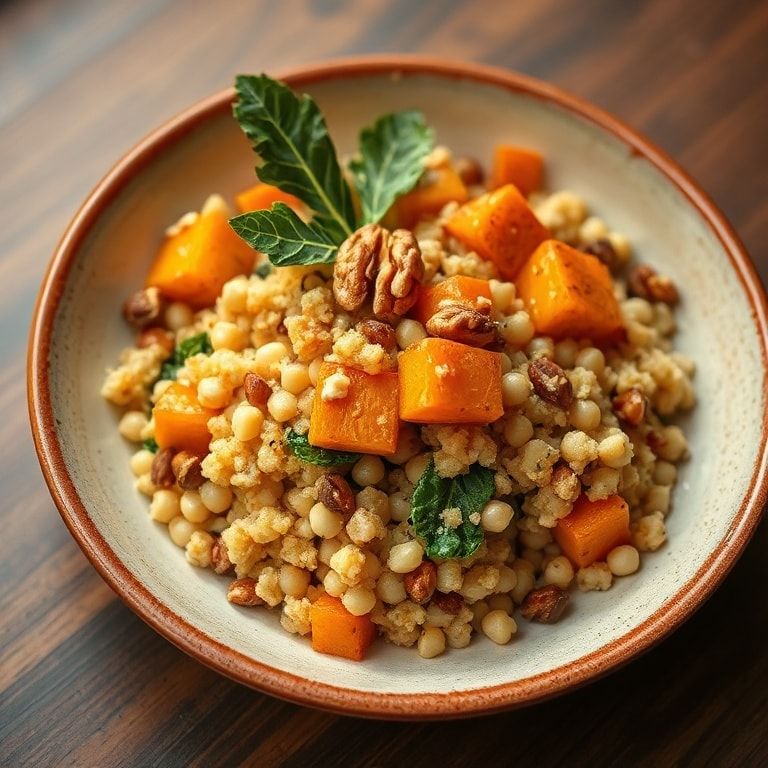 Close-up of plated autumn pearl couscous salad garnished with fresh kale and toasted nuts