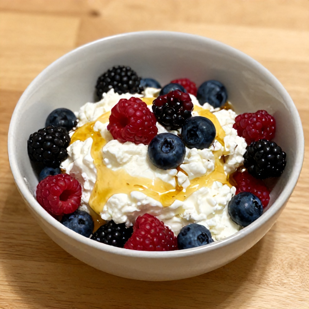 Plated Berry Cottage Cheese Bowl with fresh berries and honey drizzle