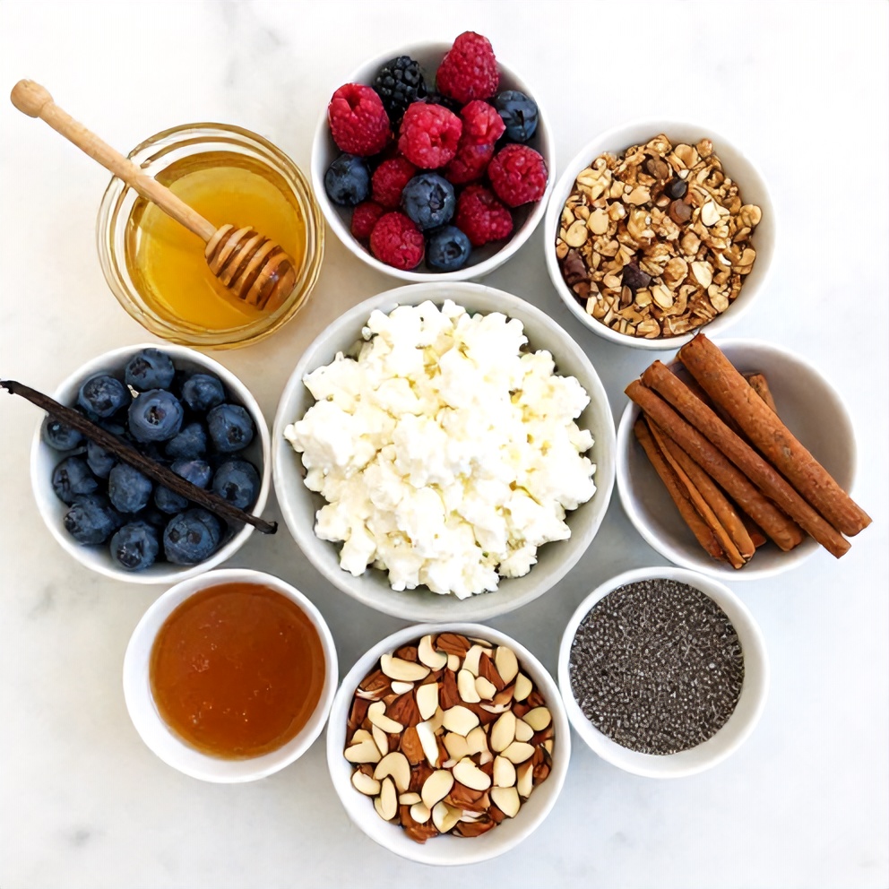 Raw ingredients for Berry Cottage Cheese Bowl including cottage cheese, mixed berries, honey, and granola