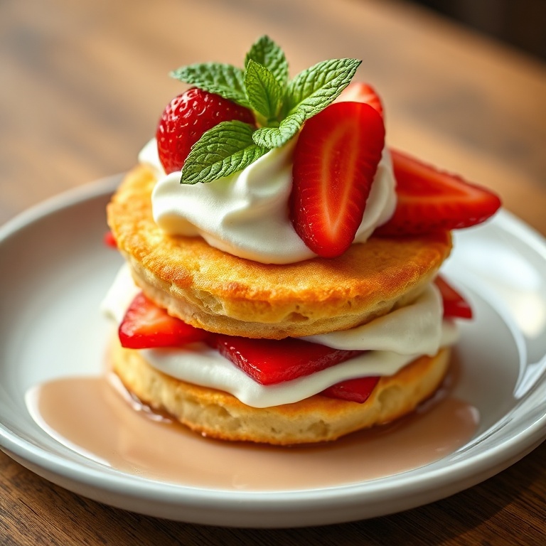 A perfectly plated classic strawberry shortcake with fresh strawberries, whipped cream, and a golden crust. Close crop. Warm side lighting. Photorealistic food photography. No text. No watermark.