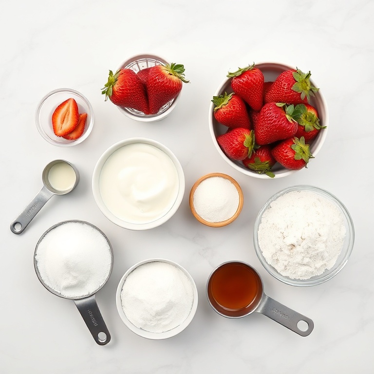 Fresh strawberries, heavy cream, sugar, all-purpose flour, baking powder, vanilla extract, and butter arranged in an overhead flat lay. Measuring spoons and cups visible. White marble surface. Bright even light. Photorealistic food photography. No text. No watermark.