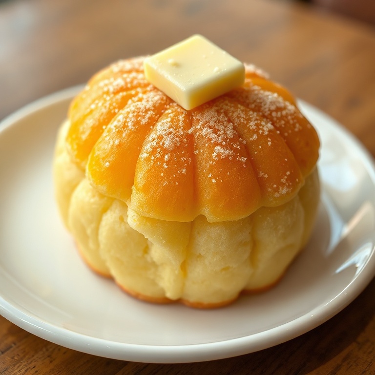 Perfectly plated ensaymada with butter and sugar on top. Close-up showing golden crust and soft texture. White plate with warm lighting.