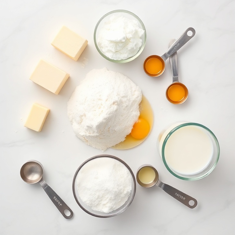 Fresh flour, butter, sugar, eggs, and milk arranged in a flat lay. Measuring spoons and bowls visible. Bright natural light.