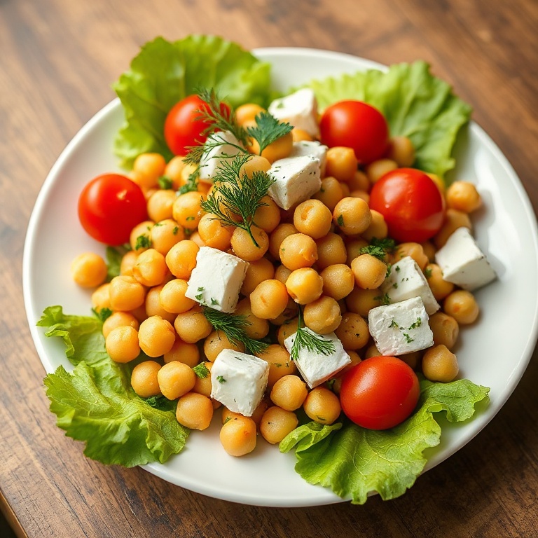 A perfectly plated Mediterranean chickpea salad. Fresh herbs, cherry tomatoes, and feta on a bed of lettuce. A drizzle of lemon vinaigrette for extra flavor.