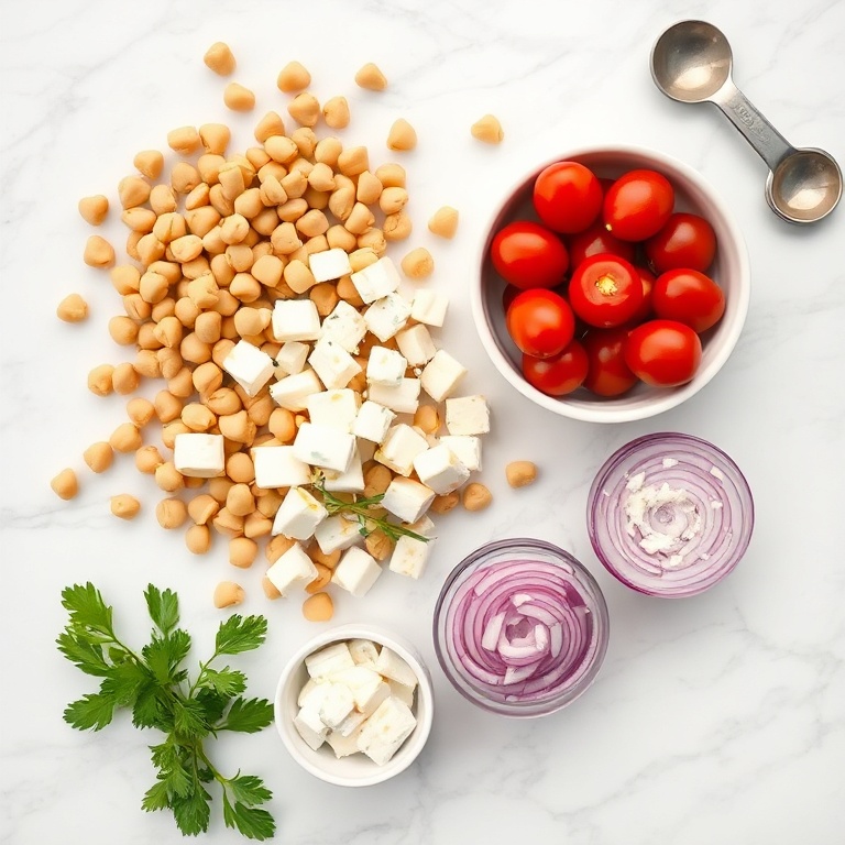 Chickpeas, feta, cherry tomatoes, cucumbers, red onion, and fresh herbs arranged in a flat lay. Measuring cups and spoons nearby. Bright natural light.
