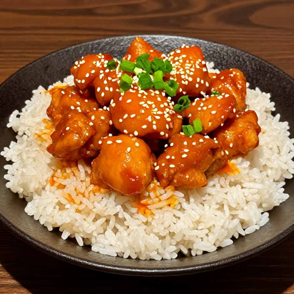 Plated orange chicken with steamed rice