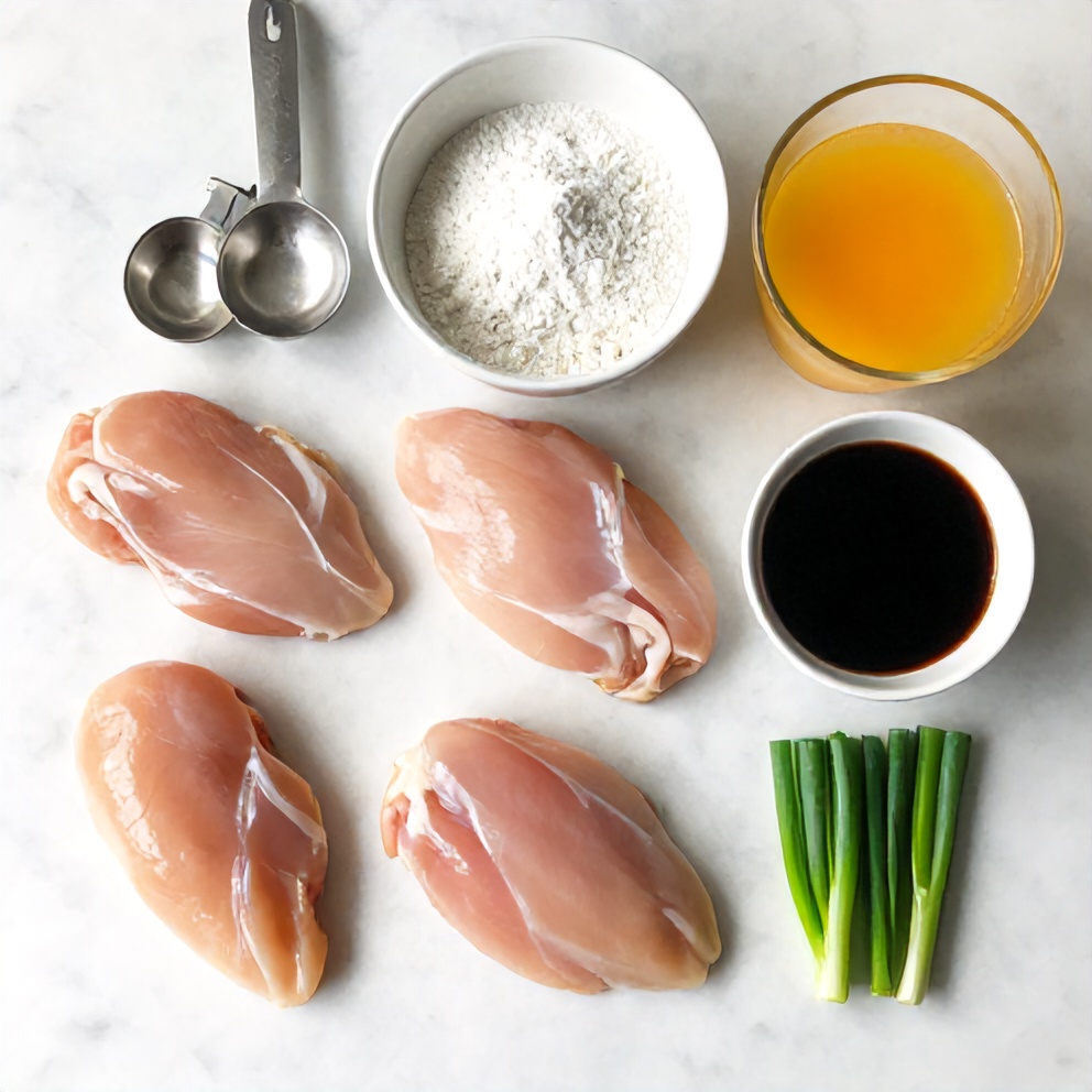 Raw ingredients for orange chicken: chicken, cornstarch, orange juice, soy sauce, garlic, ginger, sugar, vinegar, sesame oil, green onions, sesame seeds