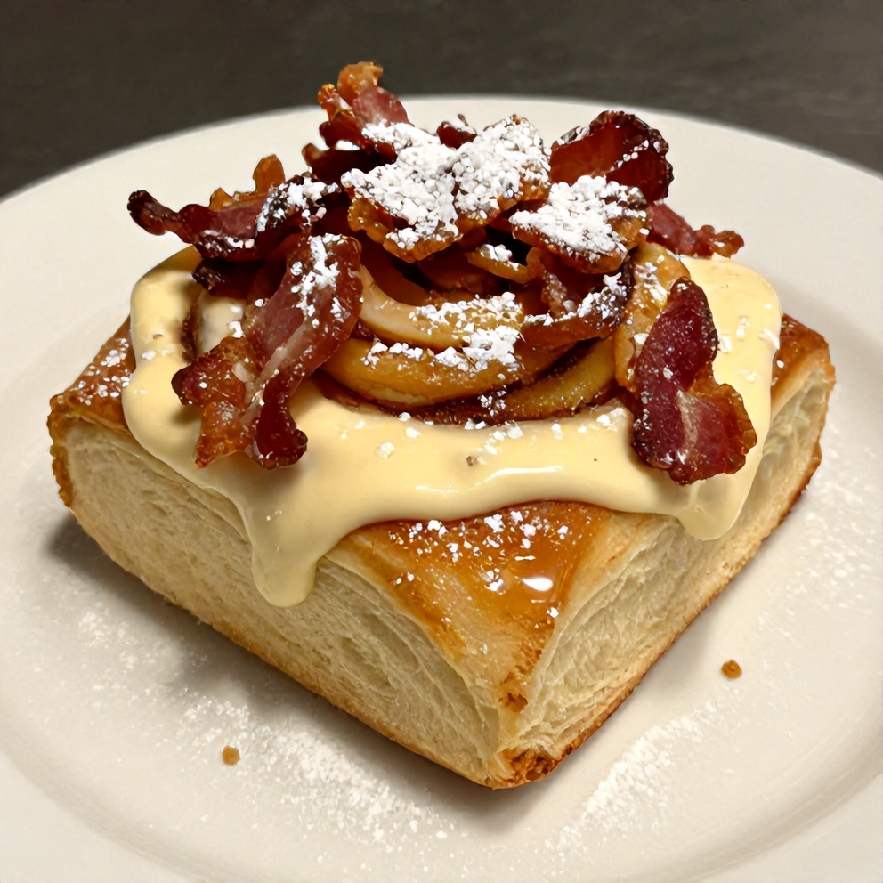 Plated bourbon maple bacon cinnamon rolls with candied bacon