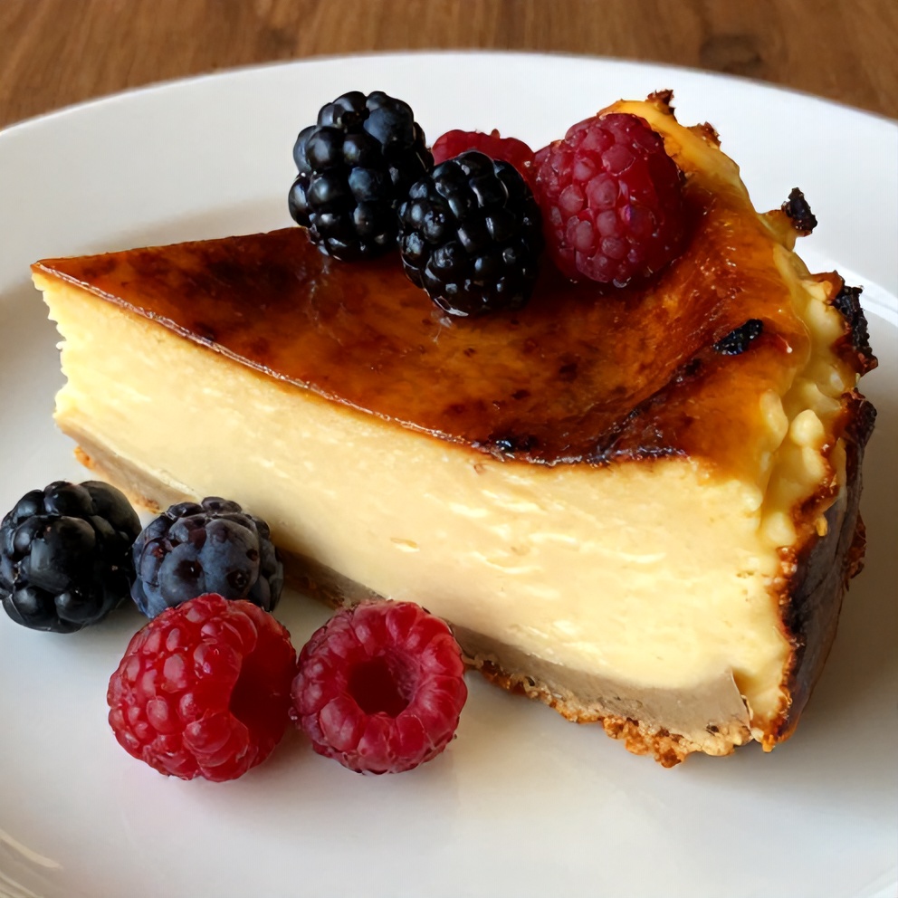 Plated Burnt Basque Cheesecake with caramelized top