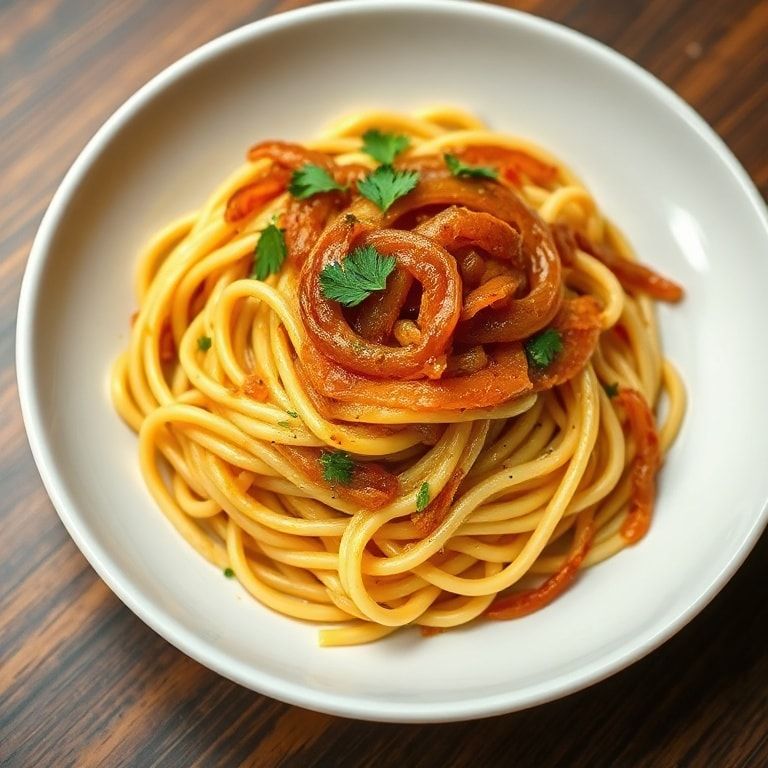 Plated caramelized onion pasta garnished with fresh parsley in white bowl with warm side light