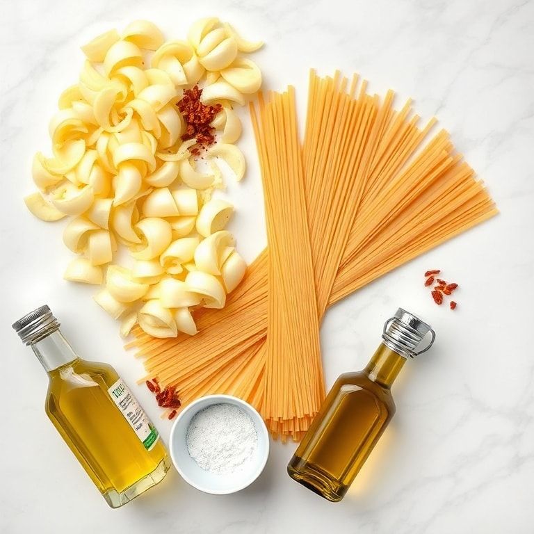 Overhead flat lay of raw ingredients for caramelized onion pasta including onions, garlic, chili flakes, pasta, olive oil in bowls on white marble