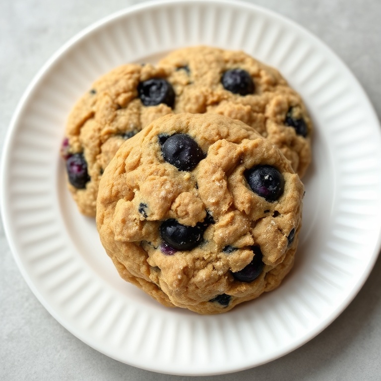 Plated Chewy Blueberry Oatmeal Cookies with a sprinkle of sugar. Warm light highlights texture. White plate with subtle pattern. No text or watermark.