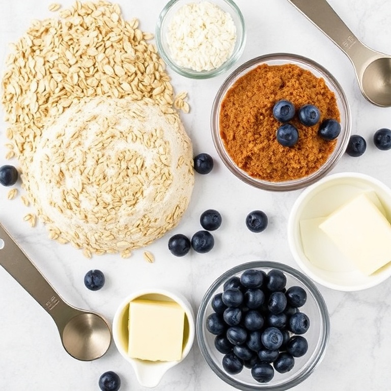 Overhead shot of ingredients for Chewy Blueberry Oatmeal Cookies. Oats, flour, brown sugar, blueberries, and butter visible. Measuring tools and bowls in frame. Bright natural light. No text or watermark.