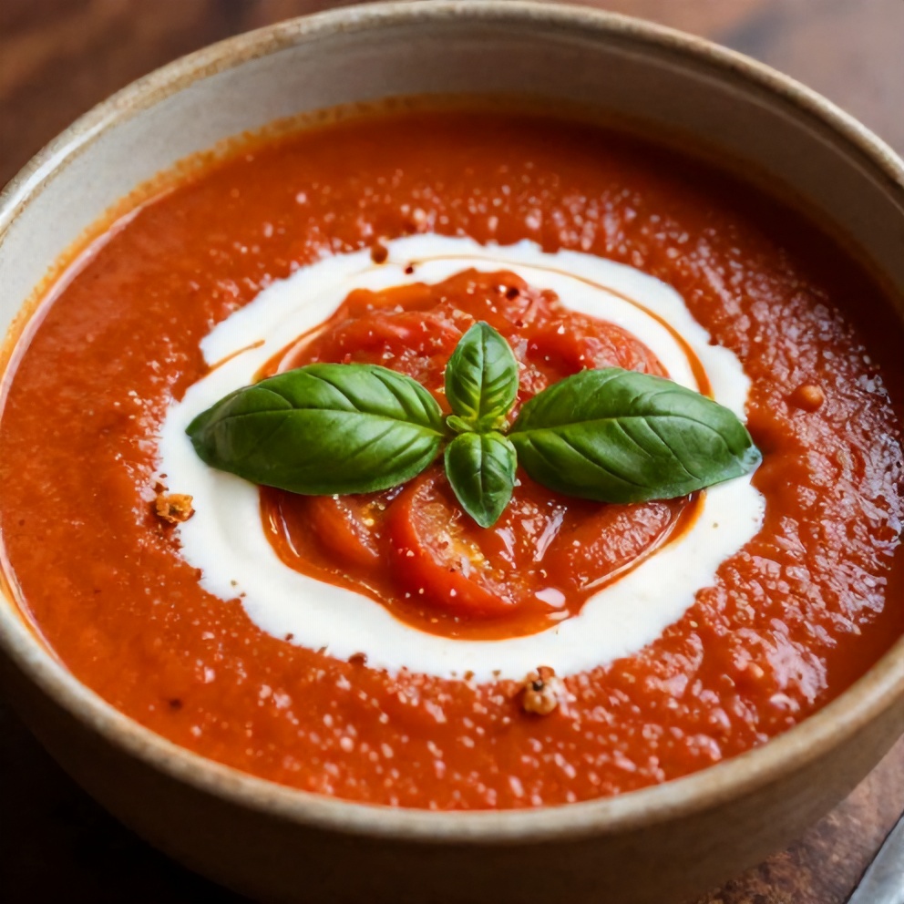 Chilled Roasted Tomato Basil Soup with Coconut Cream