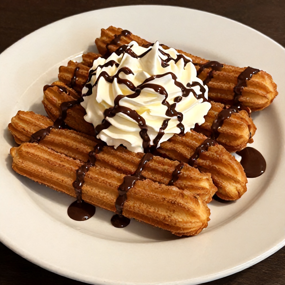 Plated cinnamon sugar churro pancakes with whipped cream and chocolate syrup