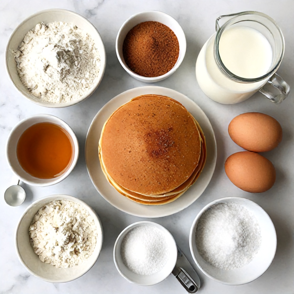 Raw ingredients for cinnamon sugar churro pancakes including flour, sugar, cinnamon, and eggs