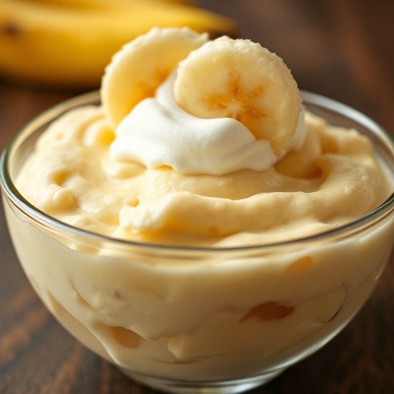 A serving of banana pudding topped with whipped cream and a banana slice. Rich and creamy in a glass bowl.