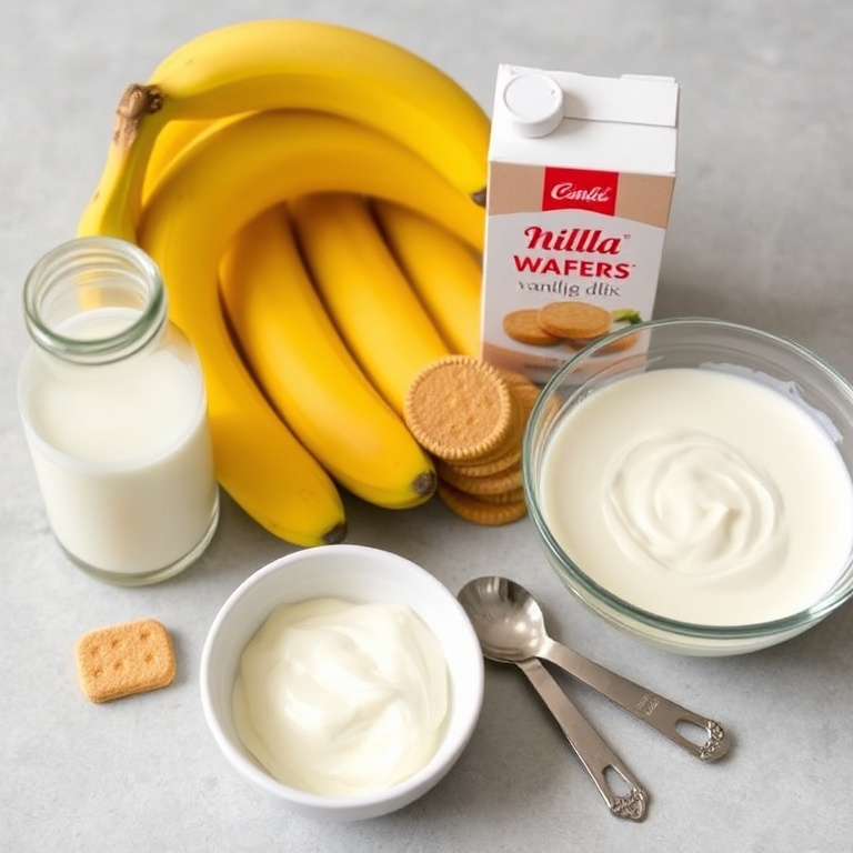 Bananas, nilla wafers, milk, vanilla pudding mix, and a bowl of cream. Fresh and ready to mix.