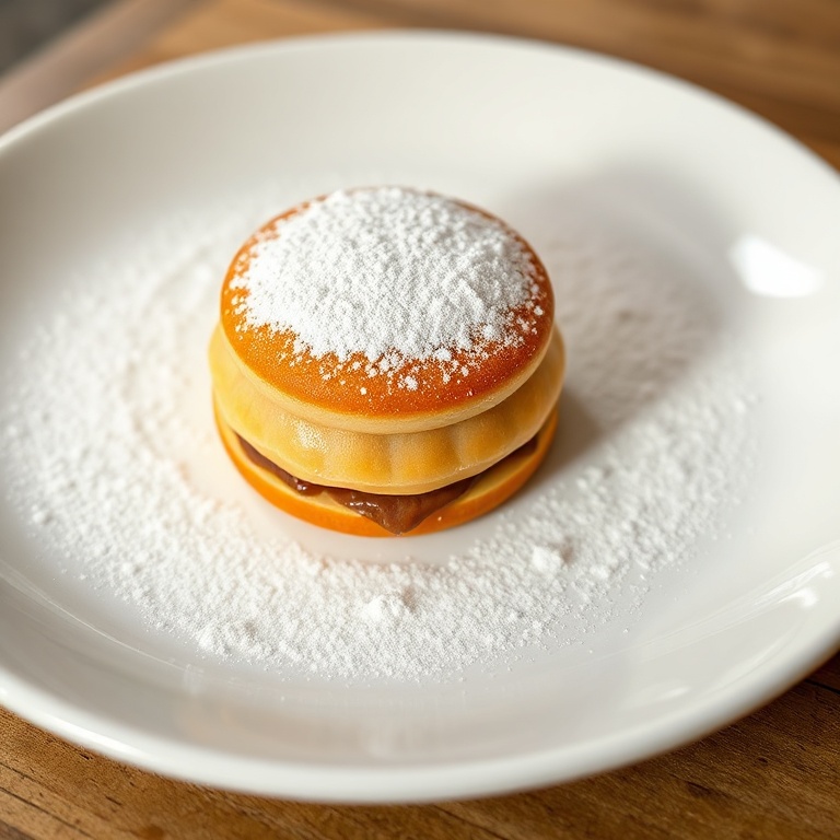 Perfectly plated praline dacquoise with a dusting of powdered sugar. Elegant presentation on a white plate.