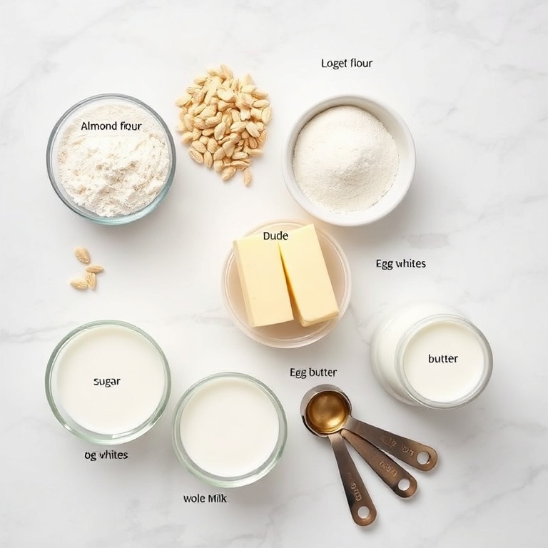 Raw ingredients for praline dacquoise: almonds, sugar, egg whites, flour, and butter. Measuring spoons and bowls in the background.
