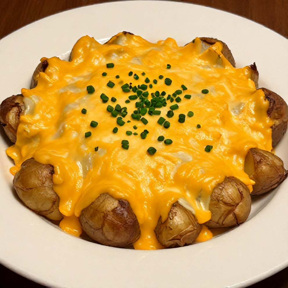 Plated serving of classic scalloped potatoes with cheddar cheese