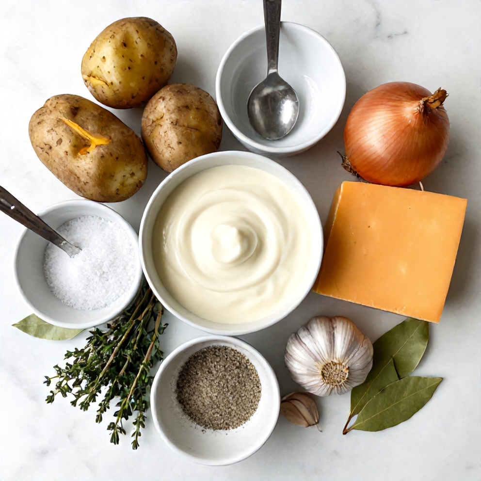 Raw ingredients for classic scalloped potatoes with cheddar cheese