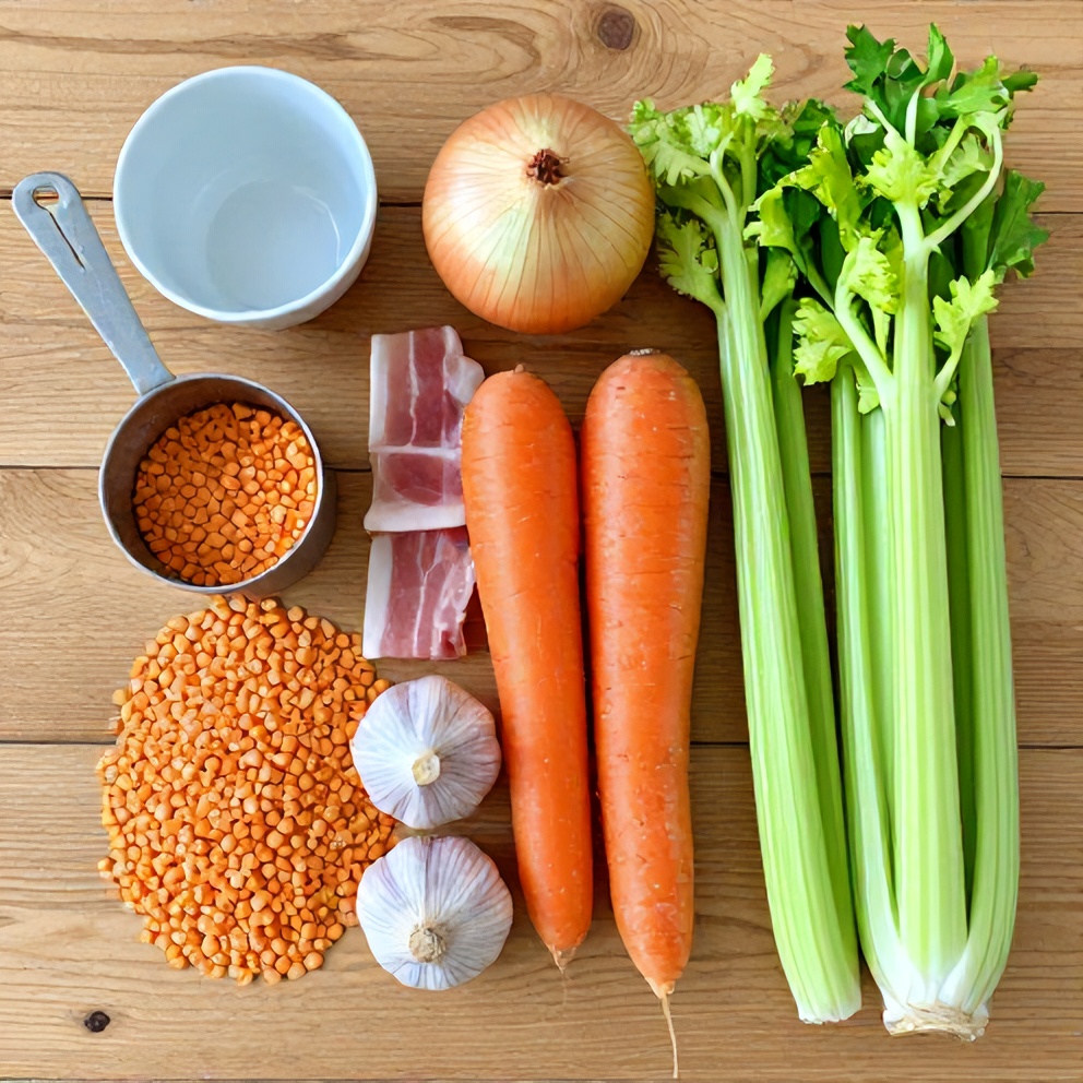 Split pea soup ingredients on a wooden surface