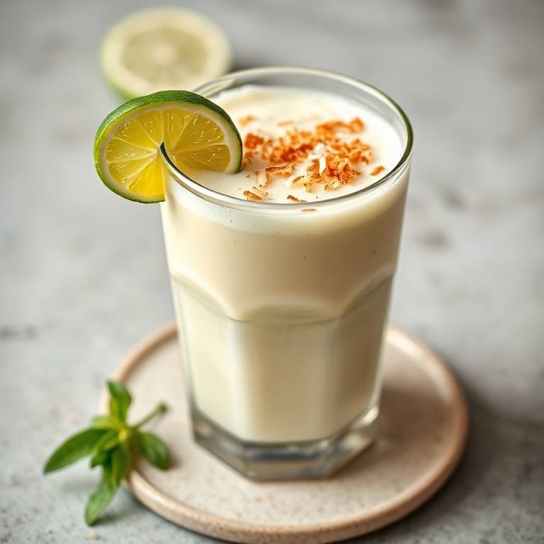 Single serving of Coconut Key Lime Pie Smoothie topped with toasted coconut flakes and lime peel on light ceramic coaster