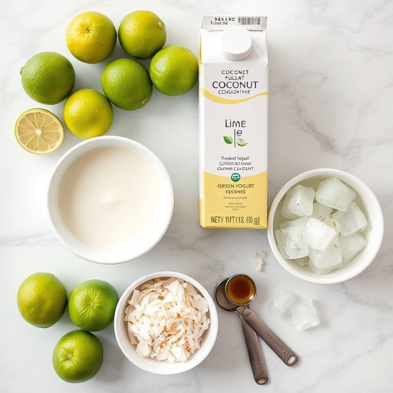 Raw ingredients for Coconut Key Lime Pie Smoothie including fresh limes, coconut milk, Greek yogurt, toasted coconut flakes, and ice cubes arranged overhead
