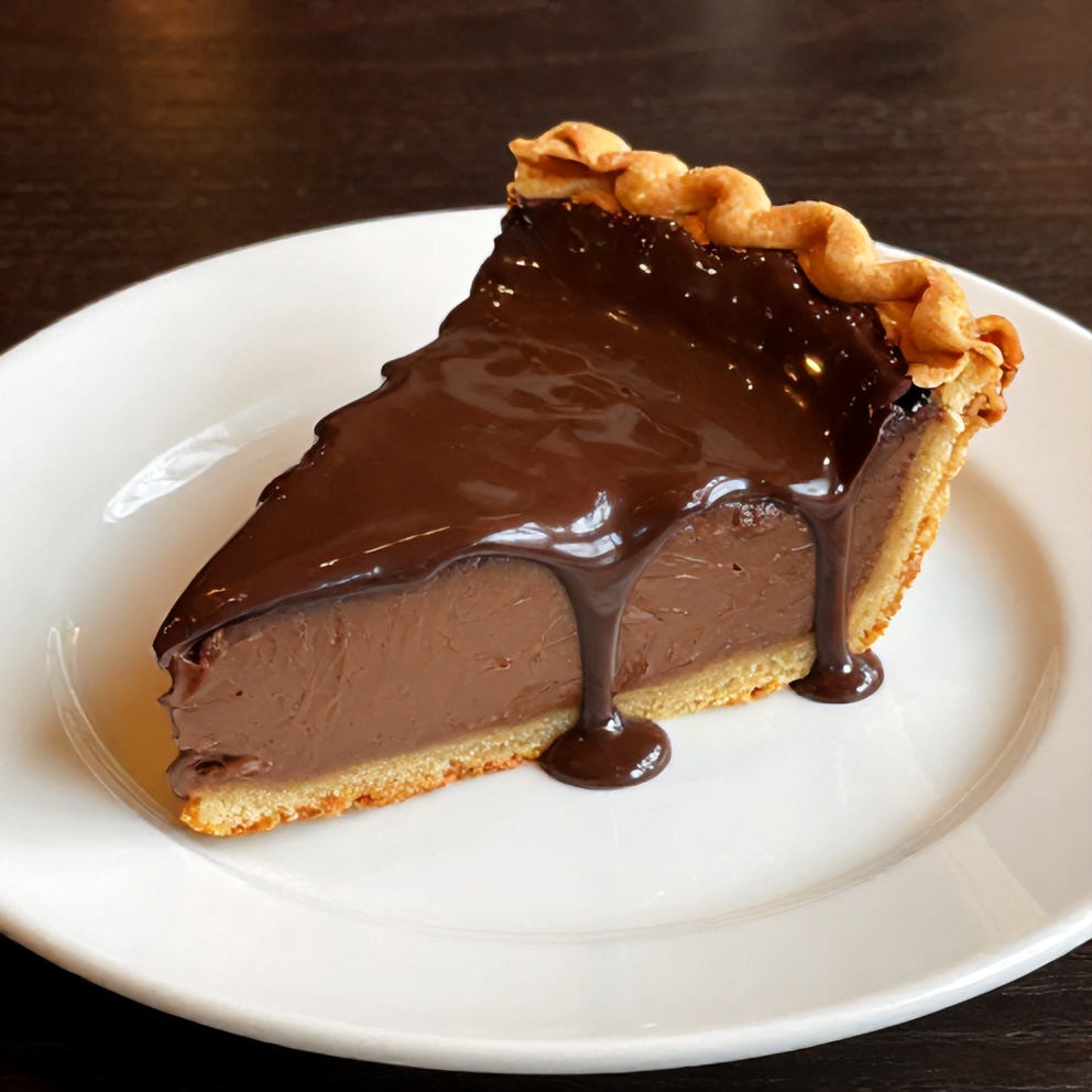 Boston Cream Pie on a white plate, warm side lighting