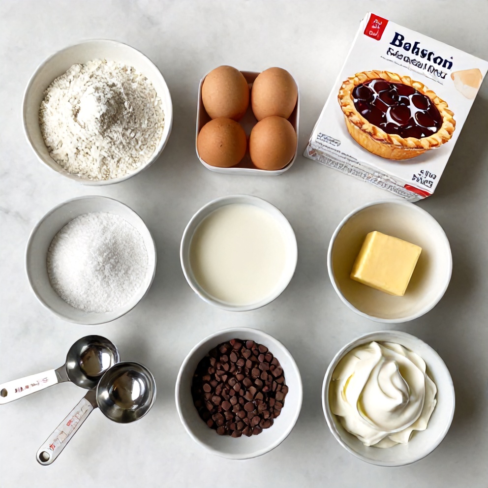 Boston Cream Pie ingredients on a white marble surface