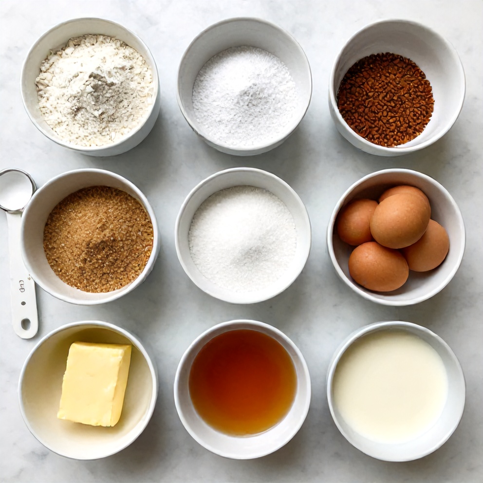 Brown Sugar Chai Cake ingredients on a marble counter