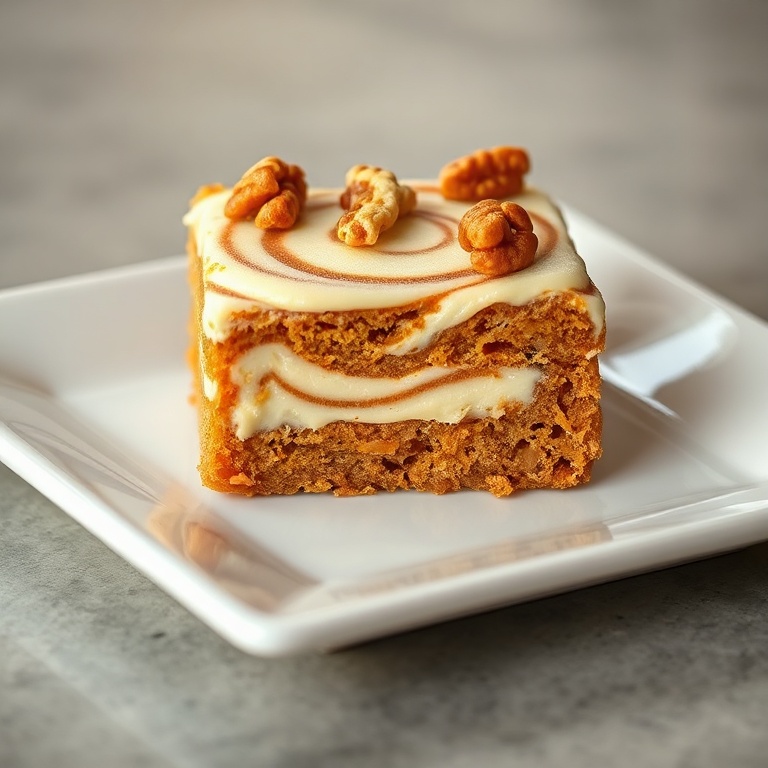 One plated cream cheese swirl carrot cake bar garnished with chopped nuts on a white plate with warm side lighting