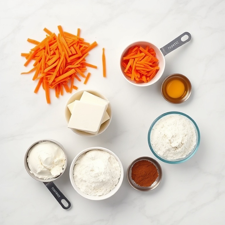 Raw ingredients for cream cheese swirl carrot cake bars including shredded carrots, cream cheese, flour, sugar, eggs, and spices in prep bowls on a white marble surface