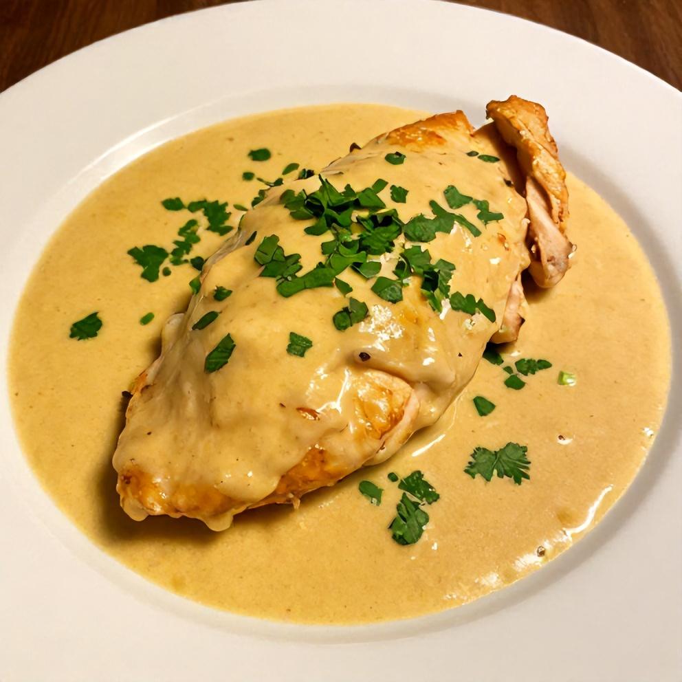 Plated serving of Creamy Ají Amarillo Chicken with Easy Pan Sauce