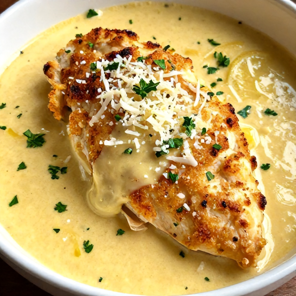 Plated creamy baked lemon butter chicken