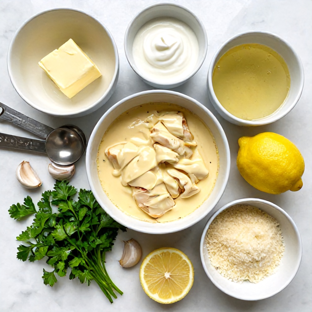 Raw ingredients for creamy baked lemon butter chicken