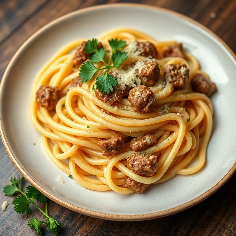 Perfectly plated Creamy Beef Pasta with Garlic and Parmesan. Garnished with fresh parsley. Close crop. Warm side lighting showing texture. Photorealistic food photography. No text. No watermark.