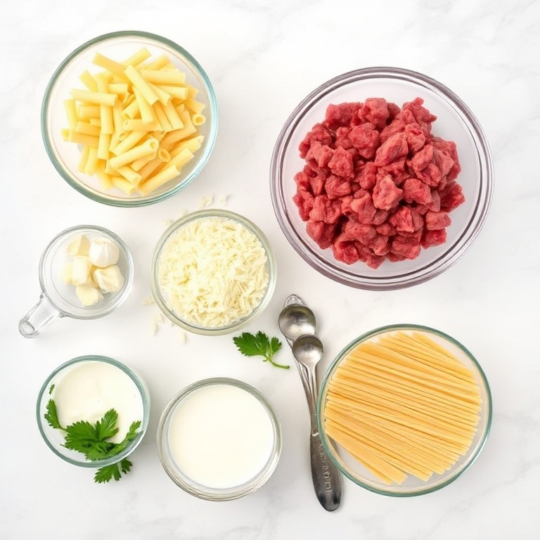 Raw ingredients for Creamy Beef Pasta. Ground beef, garlic, Parmesan, pasta, and heavy cream. Prep bowls, measuring spoons, and cups visible. White marble surface. Bright even light. Photorealistic overhead food photography. No text. No watermark.
