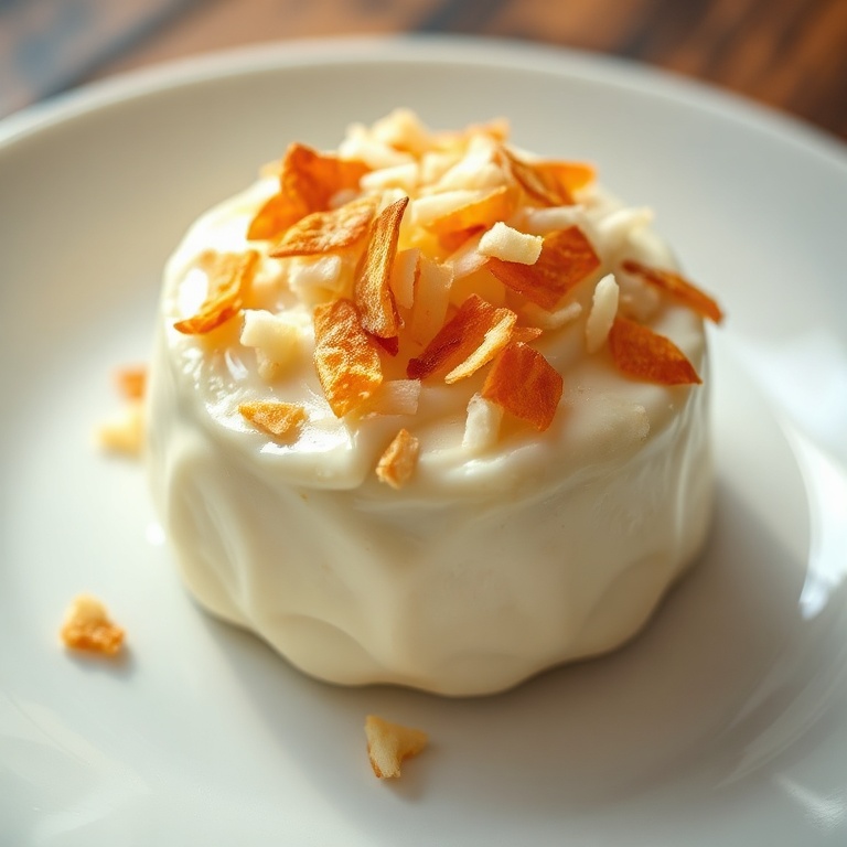 A single serving of creamy Brazilian coconut pudding topped with toasted coconut flakes