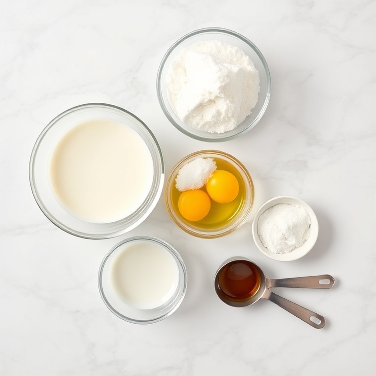Fresh coconut milk, sugar, egg yolks, and vanilla extract arranged neatly on a white surface
