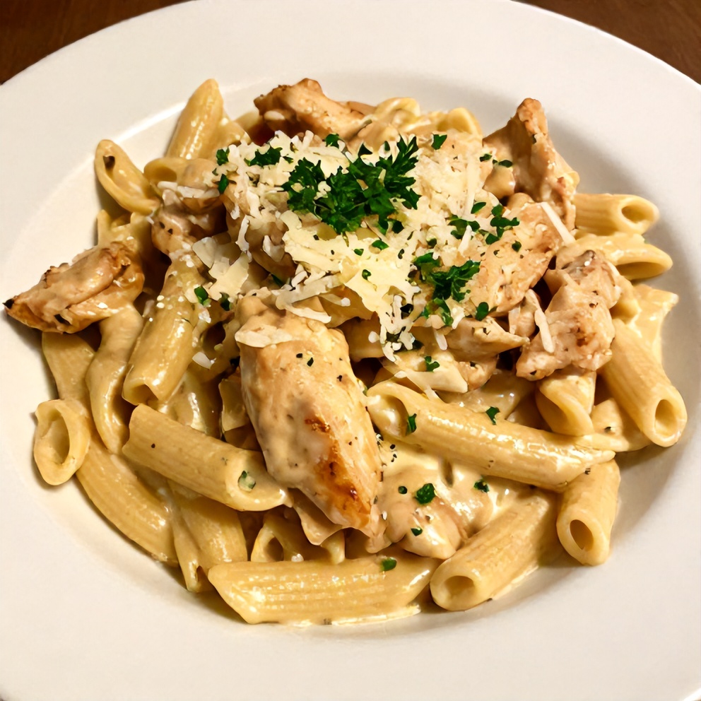 Plated creamy Cajun chicken pasta