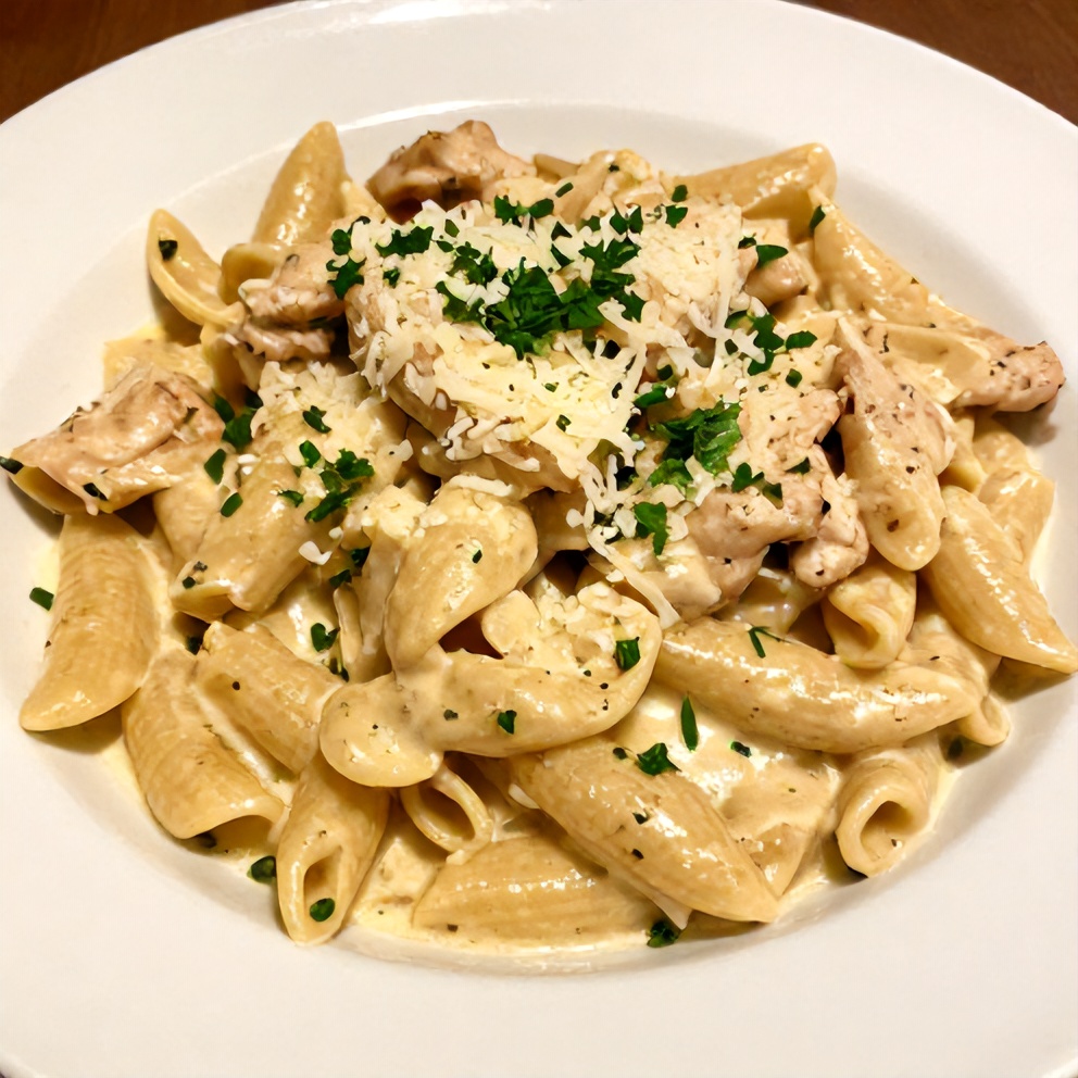 Plated serving of Cajun Chicken Pasta