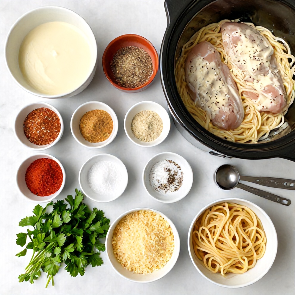Raw ingredients for creamy Cajun chicken pasta