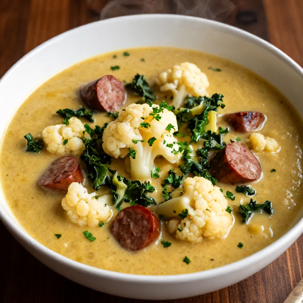 Bowl of Creamy Cauliflower Sausage Kale Soup with a sprinkle of parsley