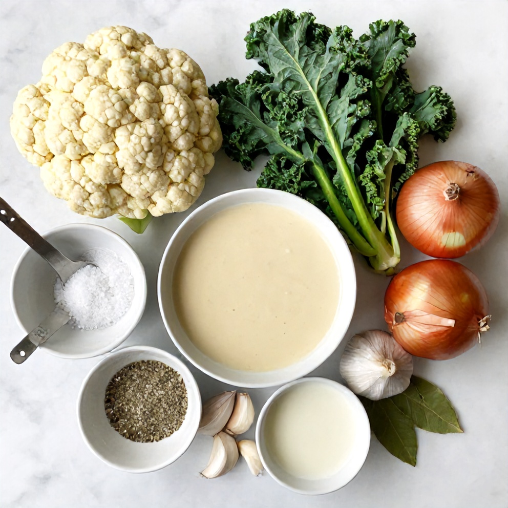 Raw ingredients for Creamy Cauliflower Sausage Kale Soup on a wooden surface
