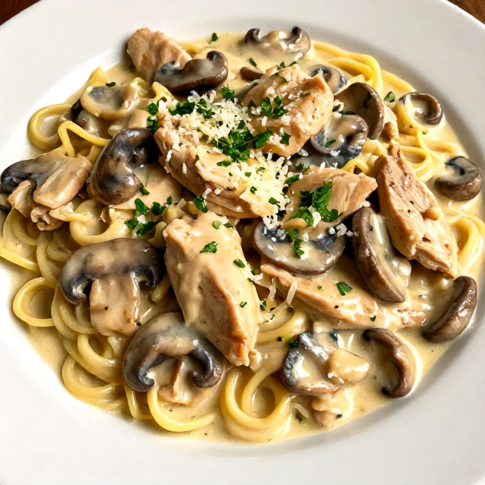 Plated Creamy Chicken Stroganoff with Mushrooms and Egg Noodles