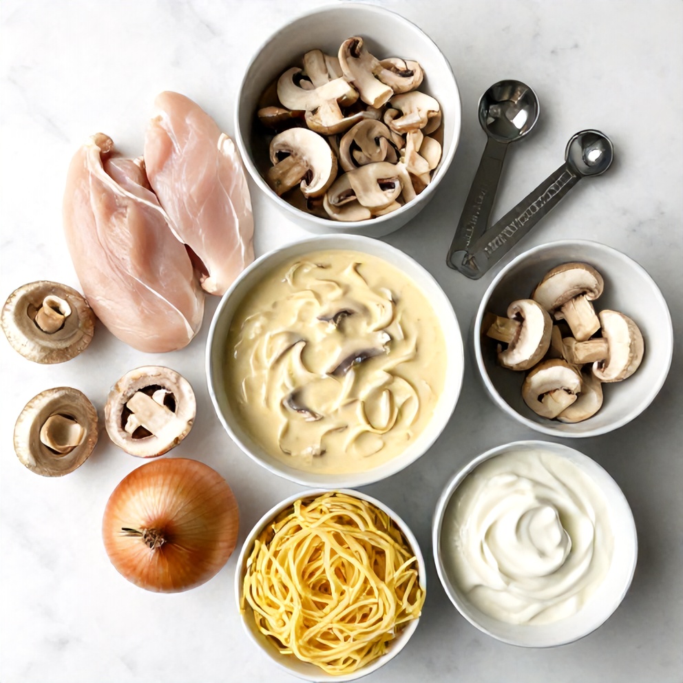 Raw ingredients for Creamy Chicken Stroganoff with Mushrooms and Egg Noodles